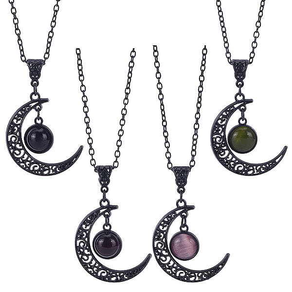 4Pcs 4 Colors Glass Flat Round & Alloy Moon Pendant Necklaces Set