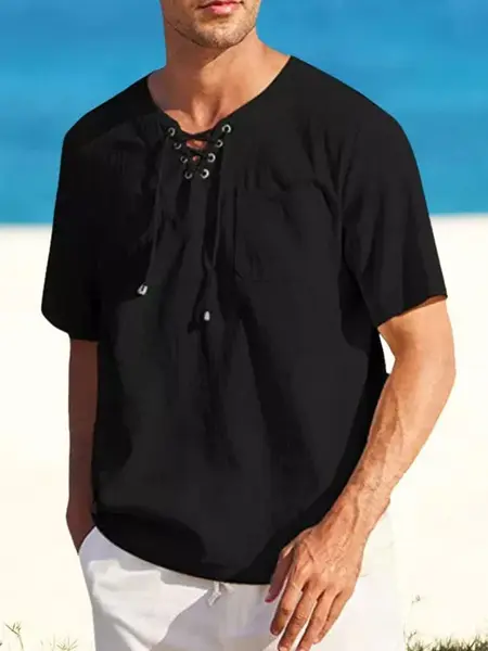 Casual Linen Style V Neck Shirts (US Only), Black / XL