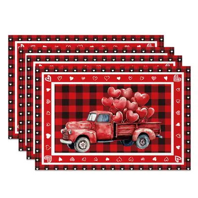Aperturee Red Plaid Truck Valentines Day Set Of 4 Placemats, 14x12 Inch, 15.8 USD, NYLX00551-S, placemats