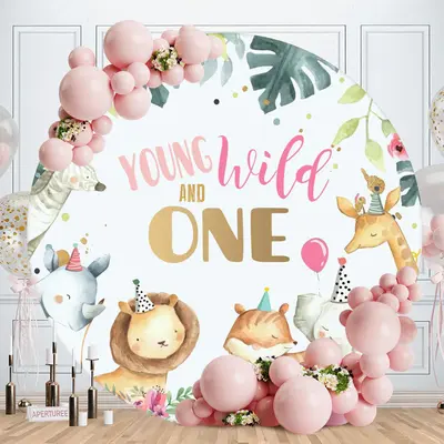 Aperturee Young And Wild Animals Round 1st Birthday Party Backdrop