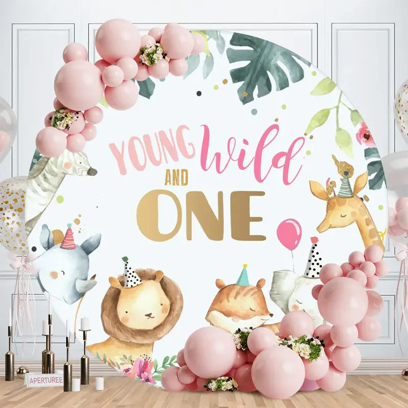 Aperturee Young And Wild Animals Round 1st Birthday Party Backdrop