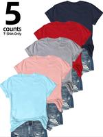 Women's Plain Round Neck Tee, Casual Short Sleeve T-shirt, Vintage 90s Ladies Summer Tops for Daily Wear, T Shirts for Women,...