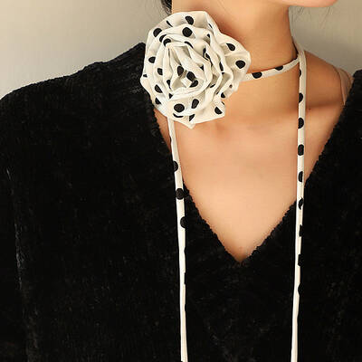 Polka Dot Pattern Fabric Rose Tie Choker Necklaces for Women