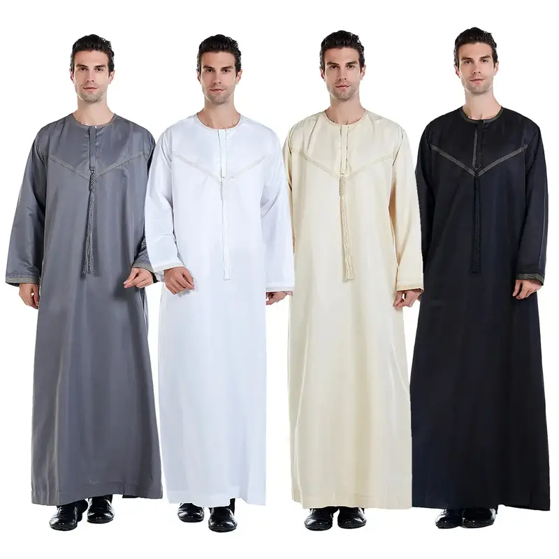 Men's Modest Muslim Robe with Embroidery - Ramadan Eid Prayer Robe, Solid Color, Long-Sleeved, Loose Fit, Breathable Cotton B...