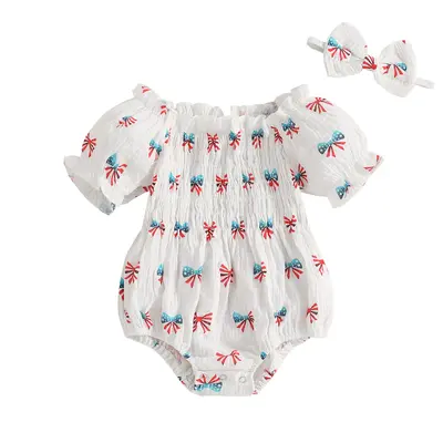 First 4th Of July Baby Girl Outfits Newborn Short Sleeve Off Shoulder Smocked Bow Star Bubble Romper Fourth Of July Clothes