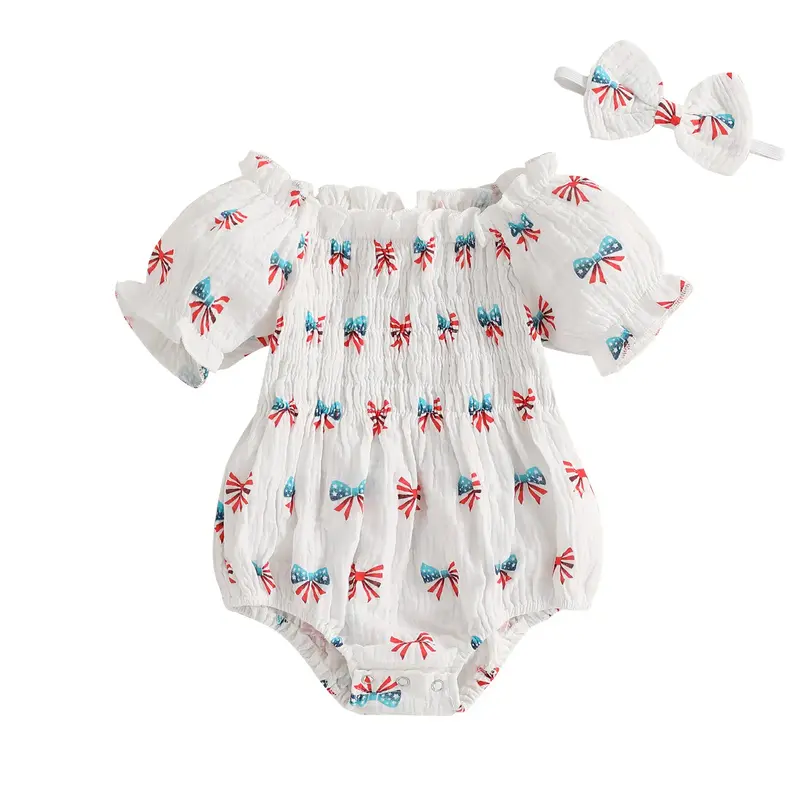 First 4th Of July Baby Girl Outfits Newborn Short Sleeve Off Shoulder Smocked Bow Star Bubble Romper Fourth Of July Clothes