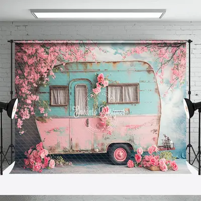 Shabby Blue Pink RV Peach Flower Spring Backdrop - Aperturee