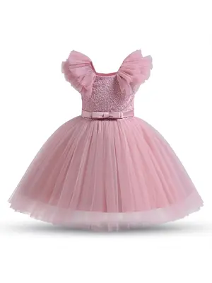 Girl's Elegant Belted Ruffle Layered Sleeve Tulle Dress, Exquisite Trendy Round Neck Fit and Flare Dress for Party Wedding ...