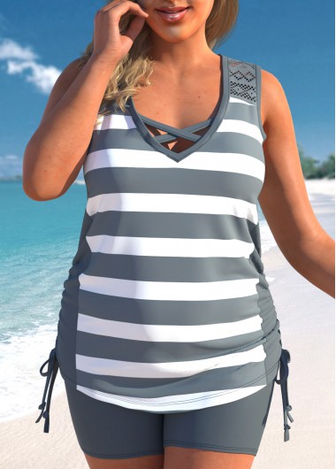 Modlily Mid Waisted Plus Size Lace Dark Grey Tankini Set - 3X
