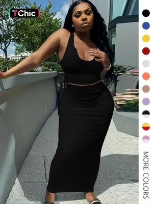 Women's Plain Two-piece Skirt Set, Comfort Elegant Fit Soft Basic Chic Sleeveless Notched Neck Crop Tank Top & Bodycon Long S...