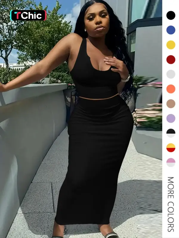 Women's Plain Two-piece Skirt Set, Comfort Elegant Fit Soft Basic Chic Sleeveless Notched Neck Crop Tank Top & Bodycon Long S...