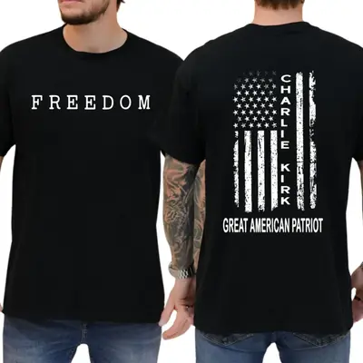 Charlie Kirk Great American Patriot TShirt, Memorial Tribute Tee with US Flag Graphic, Pray for Charlie Kirk Shirt, FREEDOM ...
