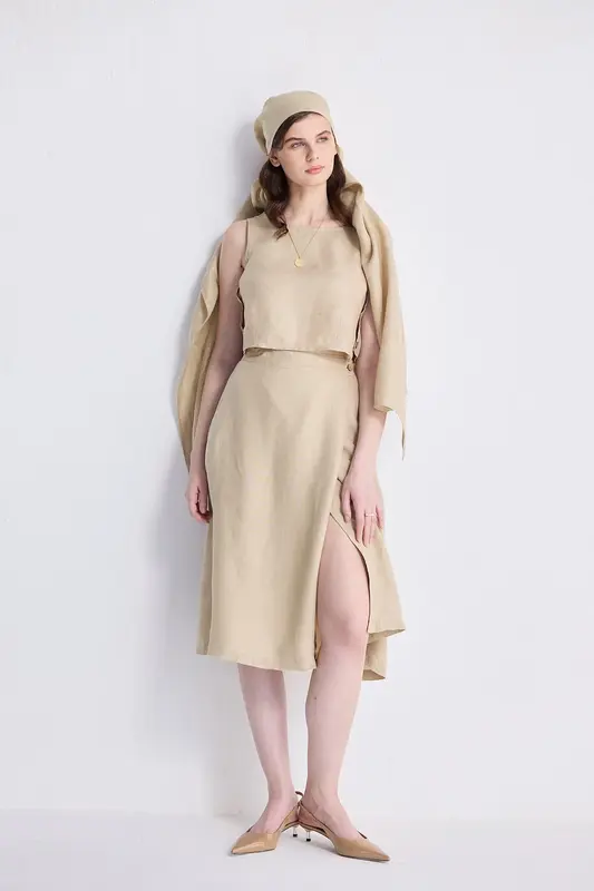 Overlap Midi Skirt in Neutral Beige | Color: Neutral Beige | Size: S