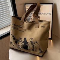 Fashionable Cat Print Canvas Tote Bag - Durable, Spacious Shoulder Bag with Zipper Closure & Polyester Lining - Stylish Anima...