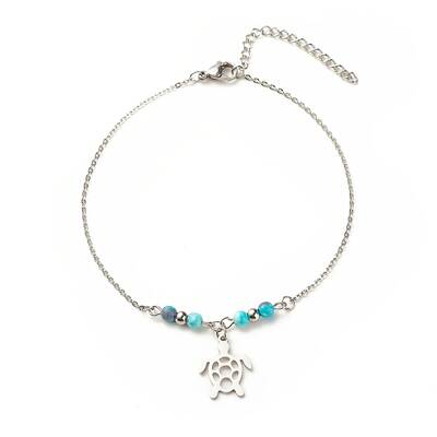 304 Stainless Steel Turtle Charm Anklet with Round Natural White Jade Beads for Women