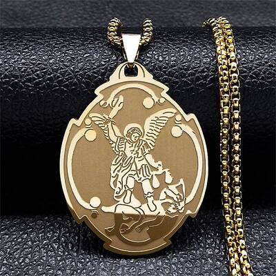304 Stainless Steel Saint Saint Michael The Archangel Pendant Necklaces for Women