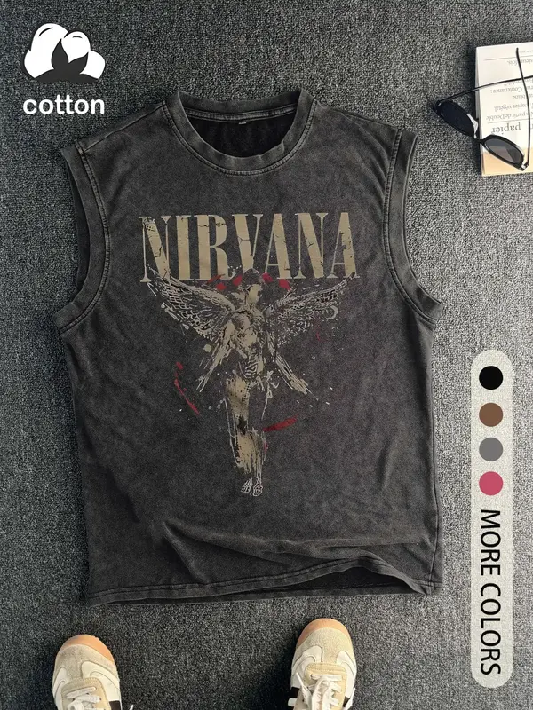 Men's Vintage Angel Graphic Print Tank Top, Casual Sleeveless Top for Summer, Men's Clothes for Daily Wear, Socks