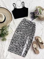 Two-piece Set Women's Plain Crop Spaghetti Strap Cami Top & Ditsy Floral Print Ruched Drawstring Skirt, Casual Adjustable Str...
