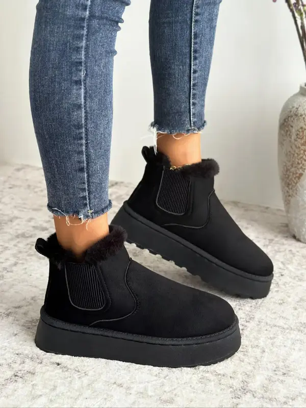 Women's Solid Color Plush Lining Snow Boots, Casual Comfortable Thick Sole Ankle Snow Boots for Fall & Winter, Female All-m...