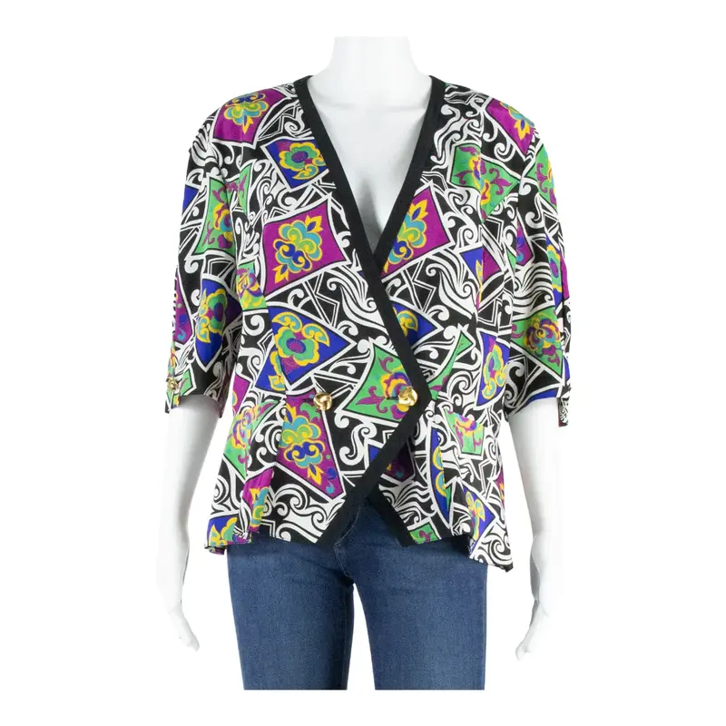 WOLLEN HOF Womens Printed Blouse Black V-Neck Silk Crazy Pattern M