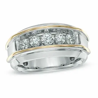 10K Two-Tone Gold Round Lab Created Diamond Five Stone Custom Wedding Ring for Men D VVS1-VS1
