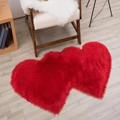Household Fluffy Shaggy Rug, 1 Count Soft Anti-slip Double Heart Design Home Christmas Decor Carpet, Plush Mat for Indoor Liv...