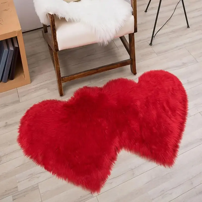 Household Fluffy Shaggy Rug, 1 Count Soft Anti-slip Double Heart Design Home Christmas Decor Carpet, Plush Mat for Indoor Liv...