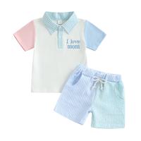 Toddler Baby Boy I Love Mom Outfit Summer Short Sleeve Polo T Shirt Tops Elastic Waist Striped Shorts Two Piece Casual Tracks...