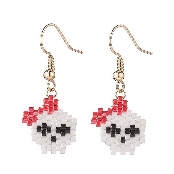Glass Seed Braided Skull with Flower Dangle Earrings