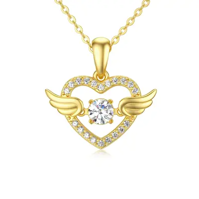14K Gold Cubic Zirconia Angel Wing & Heart Pendant Necklace