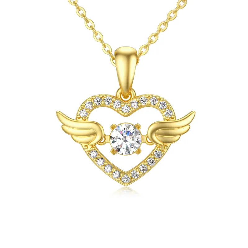 14K Gold Cubic Zirconia Angel Wing & Heart Pendant Necklace
