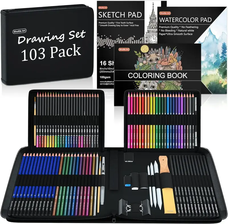 Shuttle Art 103/116/124 Pack Drawing Pencils Set, Sketching and Drawing Art Set with Colored Pencils, Sketch and Graphite Pen...