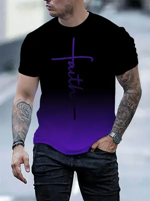 Men's Ombre Letter Print Round Neck Tee, Regular Fit Casual Breathable Short Sleeve Crew Neck T-Shirt for Summer, Fashion Men...