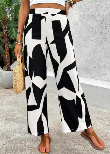 Modlily Black Soft Geometric Print Wide Leg Elastic Waist Pants - 2XL