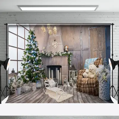 Aperturee Wooden Room Window Xmas Trees Christmas Backdrop