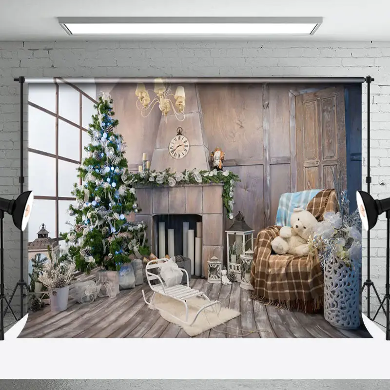 Aperturee Wooden Room Window Xmas Trees Christmas Backdrop