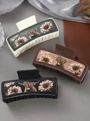 3pcs Vintage Sunflower & Cow Print Hair Claws, Fashionable Hair Accessories for Women & Girls, Casual Versatile Hair Accessor...