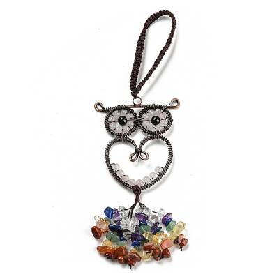 Wire Wrapped Brass Owl & Natural Rose Quartz Pendant Decoration
