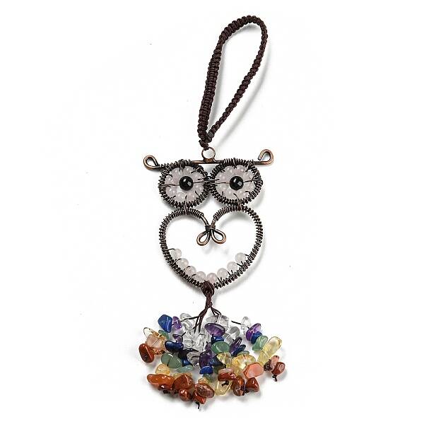 Wire Wrapped Brass Owl & Natural Rose Quartz Pendant Decoration