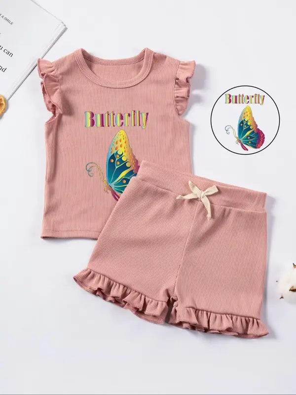 Two-Piece Set Toddler Girl's Butterfly Print Tee & Lace Trim Shorts, Cute Round Neck Short Sleeve T-Shirt & Elastic Waist Bot...