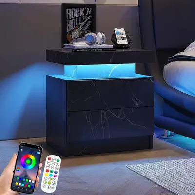 PINGO Bedside Sofa Table with Adjustable LED Light, Nightstand 2 Drawers, Decoration for Bedroom & Living Room,Multi-color