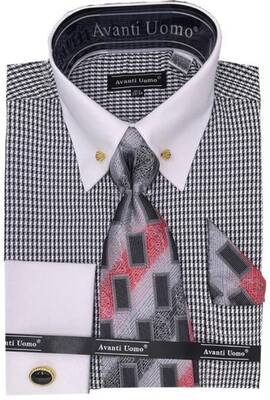 Mens Black Houndstooth Dress Shirt Set With Cuff