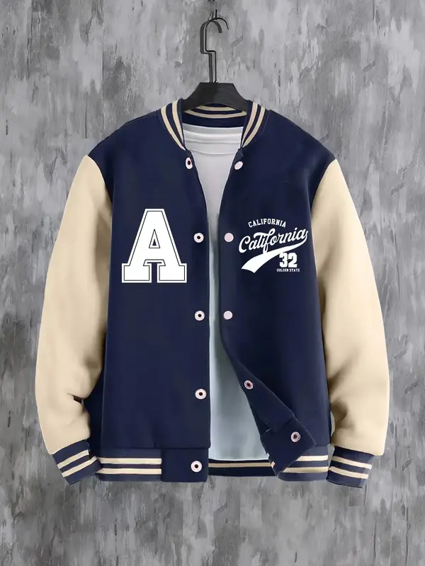 Boy's Colorblock Letter Print Baseball Jacket, Casual Long Sleeve Button Front Varsity Jacket for Fall & Winter, Kids Outer...