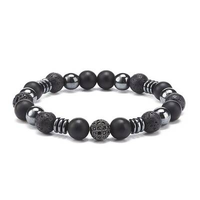 Natural Lava Rock & Synthetic Hematite Beaded Stretch Bracelet