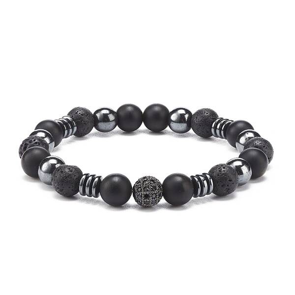 Natural Lava Rock & Synthetic Hematite Beaded Stretch Bracelet