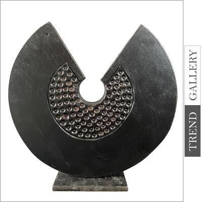 Abstract Black Disc Original Wood Sculpture Round Textured Table Figurine for Home Decor | FETTER 14"x14"