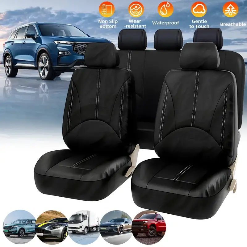 Premium Leather Car Seat Covers Full Set – Waterproof Front & Split Rear Bench Seat Covers,Universal Interior Covers for Se...
