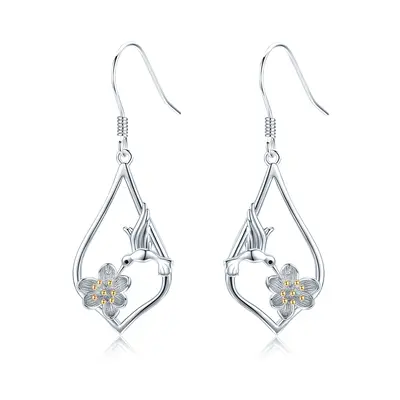 Sterling Silver Hummingbird & Lotus Drop Earrings