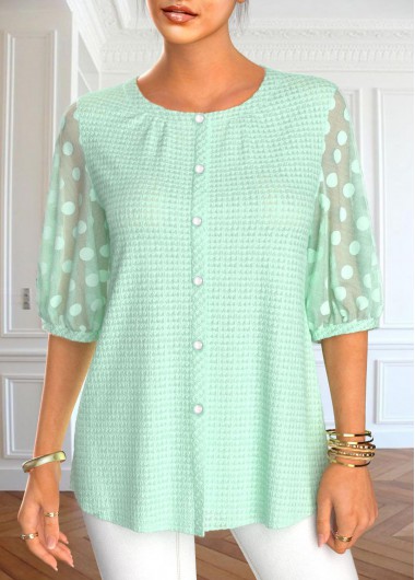 Modlily Mint Green Mesh Half Sleeve Round Neck Blouse - M