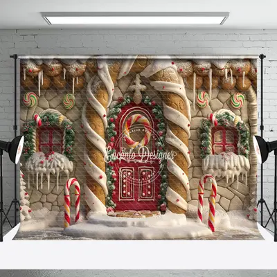 Aperturee Melting Snow Cute Christmas Vibe Candy House Backdrop | Christmas Photoshoot Backgrounds | Christmas Scenic Backgro...